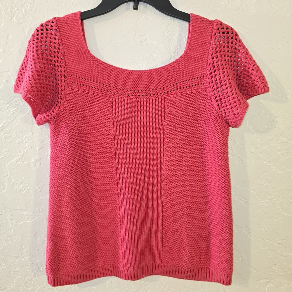 Ann Taylor Loft Ribbed Top Short Sleeve Light Knit Sweater Pink Small